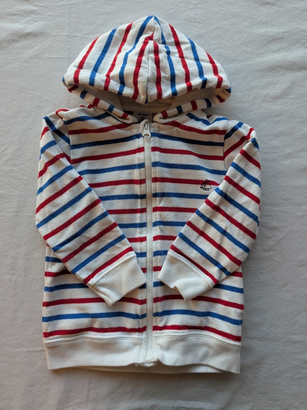 Petit Bateau 24M Hooded Zip-Up Sweatshirt in White with Red & Blue Stripes